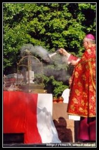 Procesja ku czci �w. Andrzeja Boboli. Bp. Piotr Jarecki uroczy�cie okadza relikwie �wietych. [fot. tm]